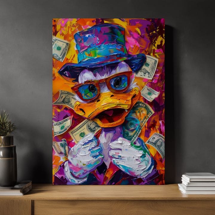 Modern tablou pe pânză cu motivul Money Duck, ochelari în portocaliu-violet nuanțe, atmosferă energică, cultură pop | Tablou Money Duck – produs, vedere 3