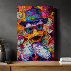 Modern tablou pe pânză cu motivul Money Duck, ochelari în portocaliu-violet nuanțe, atmosferă energică, cultură pop | Tablou Money Duck – produs, vedere 3