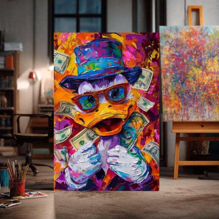 Modern tablou pe pânză cu motivul Money Duck, ochelari în portocaliu-violet nuanțe, atmosferă energică, cultură pop | Tablou Money Duck – produs