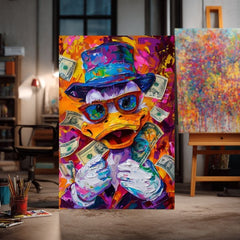 Modern tablou pe pânză cu motivul Money Duck, ochelari în portocaliu-violet nuanțe, atmosferă energică, cultură pop | Tablou Money Duck – produs