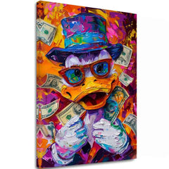 Modern tablou pe pânză cu motivul Money Duck, ochelari în portocaliu-violet nuanțe, atmosferă energică, cultură pop | Tablou Money Duck – principală