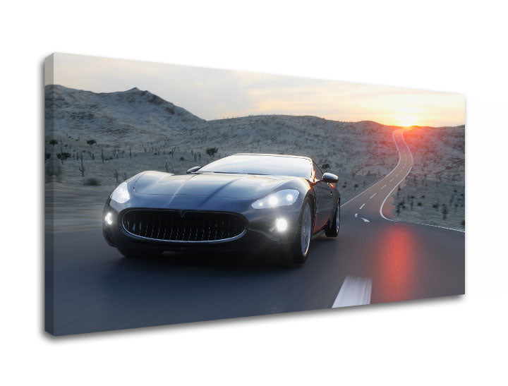 Art deco tablou pe pânză cu motivul MOTO, apus de soare, munți, automobil, peisaj în portocaliu-negru nuanțe, atmosferă liniștită, potrivit pentru birou – produs