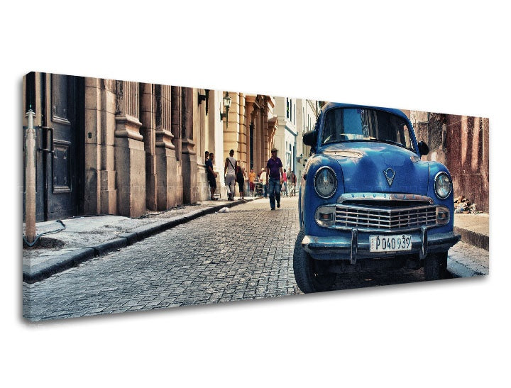 Vintage tablou cu motivul MOTO, automobil, motiv urban în bej-albastru nuanțe | Tablou de perete MOTO_008-13, viață urbană – previzualizare