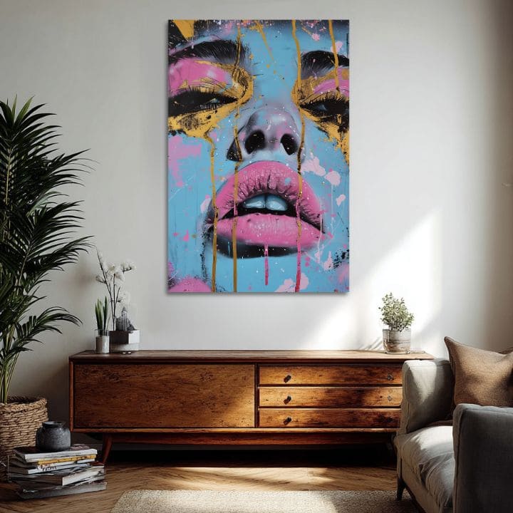 Pictat manual tablou pe pânză cu motivul Neon Lips na pânză în albastru-auriu nuanțe, atmosferă îndrăzneață, frumusețe | Tablou Neon Lips na pânză – produs, vedere 2