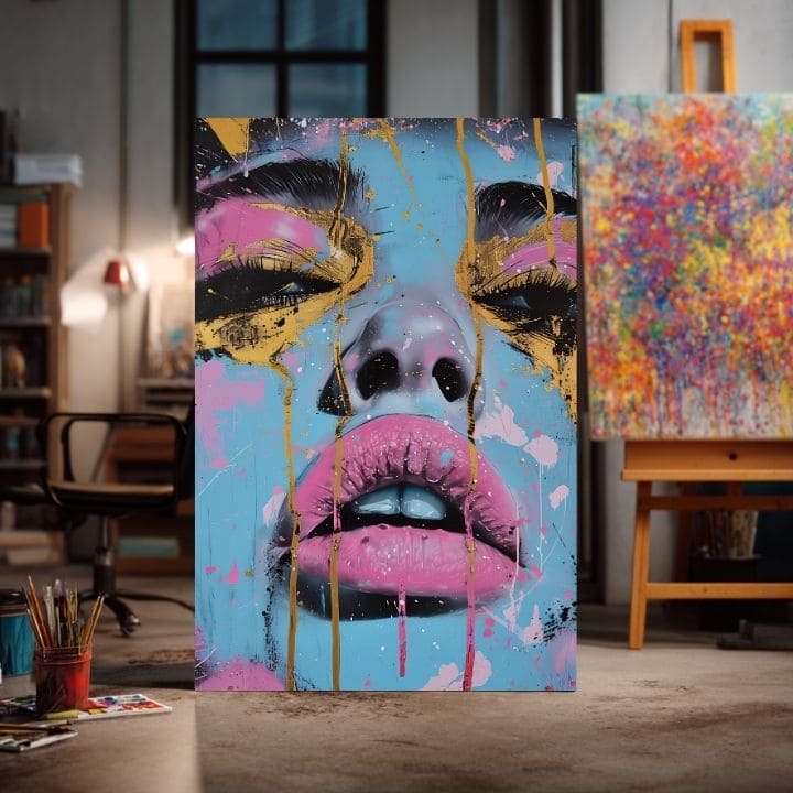 Pictat manual tablou pe pânză cu motivul Neon Lips na pânză în albastru-auriu nuanțe, atmosferă îndrăzneață, frumusețe | Tablou Neon Lips na pânză – produs