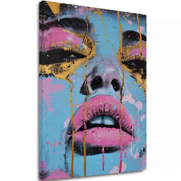 Pictat manual tablou pe pânză cu motivul Neon Lips na pânză în albastru-auriu nuanțe, atmosferă îndrăzneață, frumusețe | Tablou Neon Lips na pânză – principală