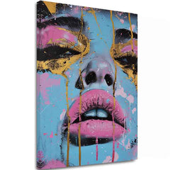 Pictat manual tablou pe pânză cu motivul Neon Lips na pânză în albastru-auriu nuanțe, atmosferă îndrăzneață, frumusețe | Tablou Neon Lips na pânză – principală