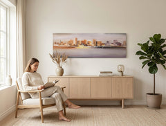 Pictat manual tablou pe pânză cu motivul peisaj în bej-maro nuanțe agățat în interiorul hol, atmosferă liniștită | Tablou pictat de perete ORAȘ – interior