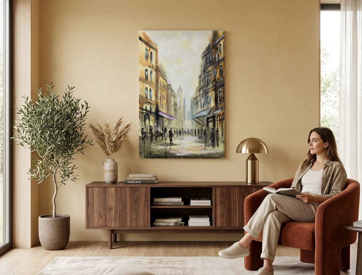 Pictat manual tablou pe pânză cu motivul stradă, cer, peisaj, hartă, motiv urban în bej-maro nuanțe agățat în interiorul hol, viață urbană – interior