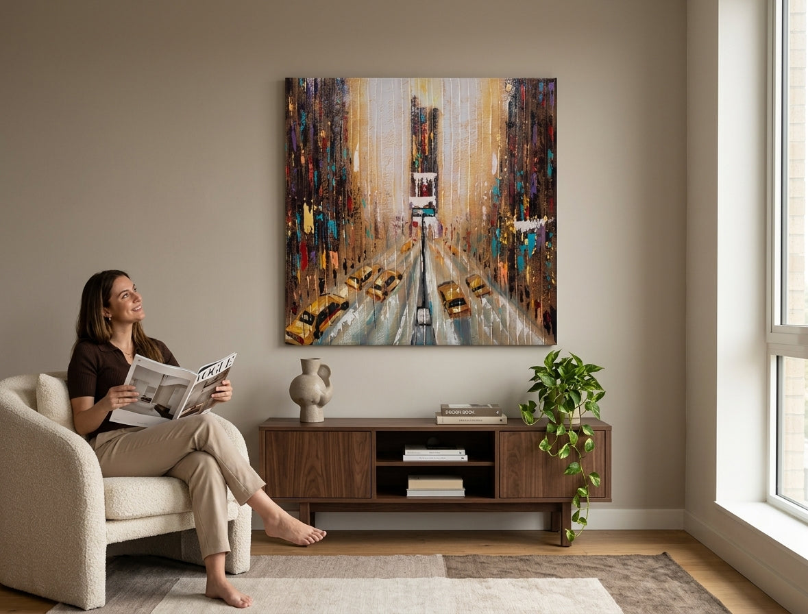 Pop art tablou pe pânză cu motivul ploaie, motiv urban în alb-albastru nuanțe agățat în interiorul birou, atmosferă energică, viață urbană – interior