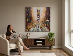 Pop art tablou pe pânză cu motivul ploaie, motiv urban în alb-albastru nuanțe agățat în interiorul birou, atmosferă energică, viață urbană – interior