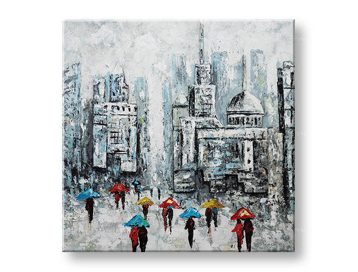 Pop art tablou pe pânză cu motivul panorama orașului, ploaie, motiv urban în alb-albastru nuanțe, atmosferă melancolică, potrivit pentru birou – principală