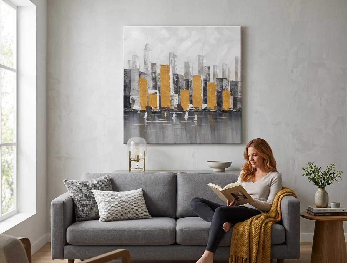 Pictat manual tablou pe pânză cu motivul nori în alb-gri nuanțe agățat în interiorul hol, atmosferă liniștită, viață urbană | Tablou pictat de perete ORAȘ – interior