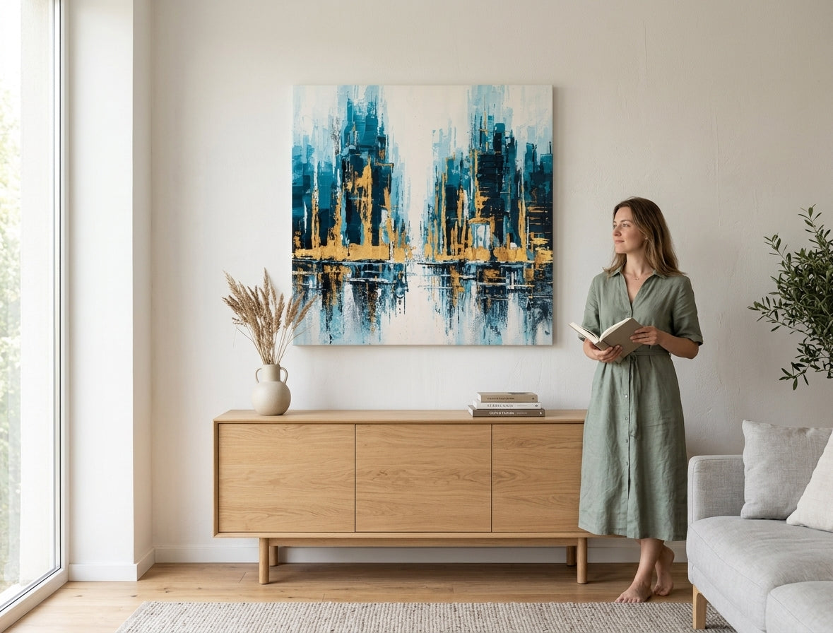 Pictat manual tablou pe pânză cu motivul personalitate celebră în alb-albastru nuanțe agățat în interiorul hol, atmosferă sofisticată, viață urbană și contemplare – interior