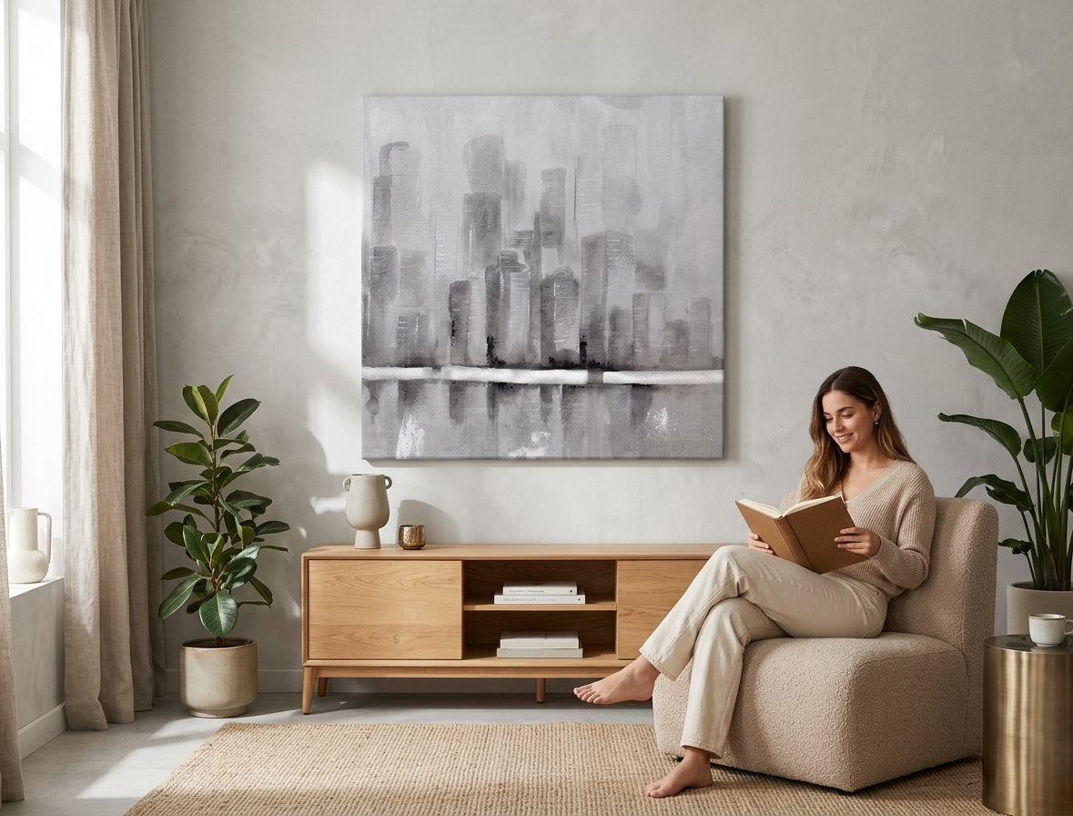 Modern tablou pe pânză cu motivul reflexie pe apă în alb nuanțe agățat în interiorul sufragerie, atmosferă liniștită, viață urbană și contemplare – interior