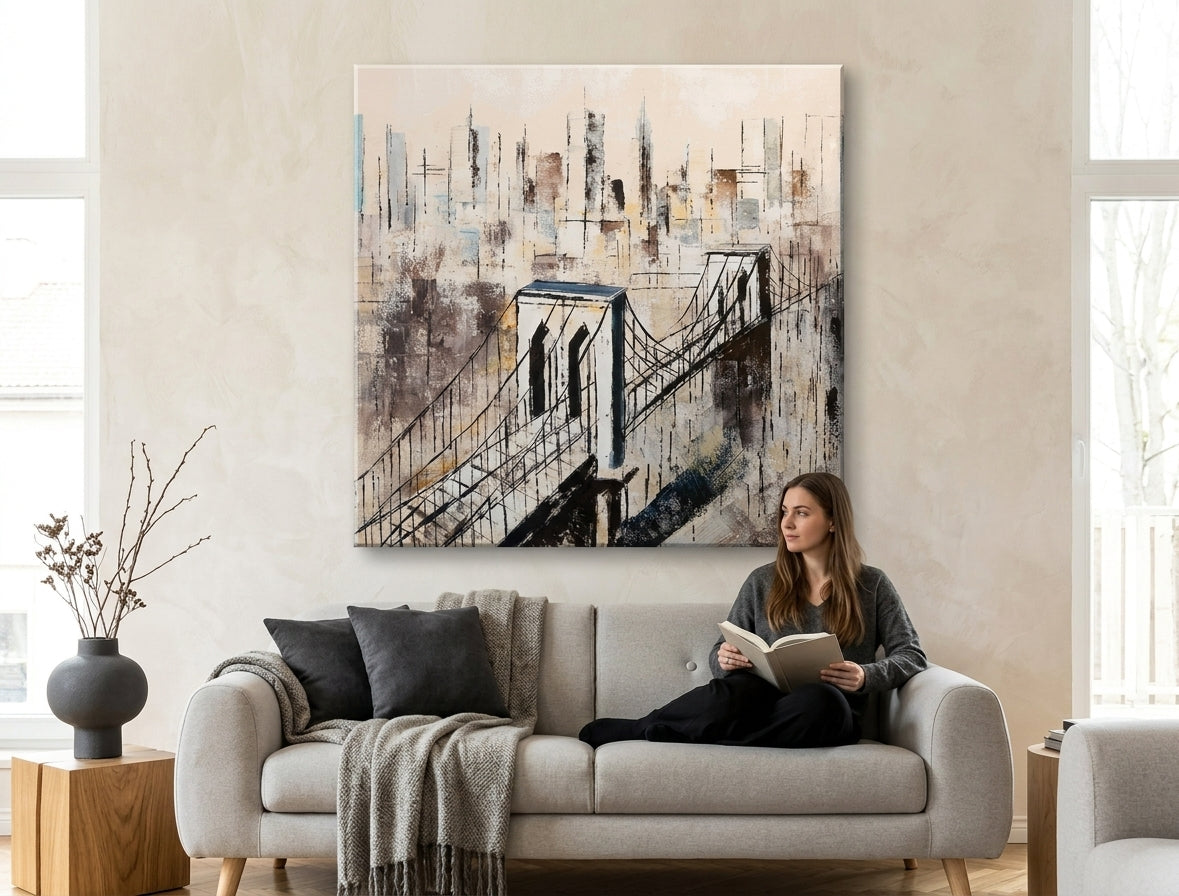 Pictat manual tablou pe pânză cu motivul pod, arhitectură în alb-bej nuanțe agățat în interiorul birou de lucru, atmosferă urbană | Tablou pictat de perete ORAȘ – interior