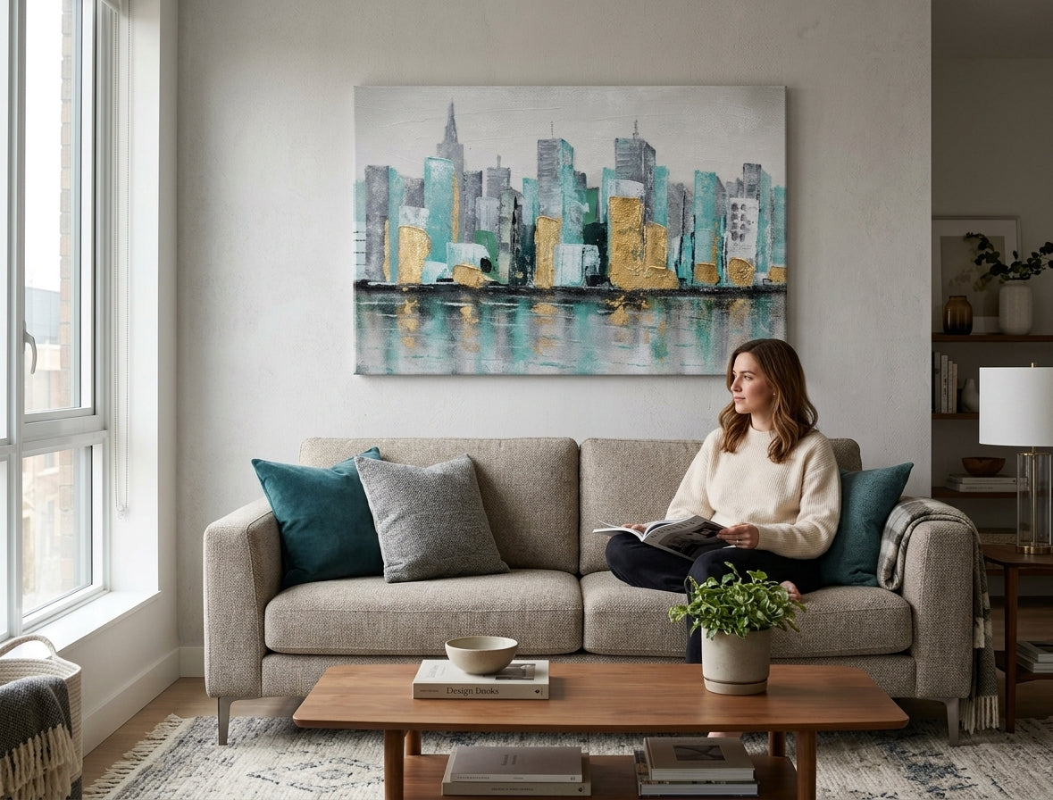 Pictat manual tablou pe pânză în alb-albastru nuanțe agățat în interiorul hol, atmosferă sofisticată, viață urbană și contemplare | Tablou pictat de perete ORAȘ – interior