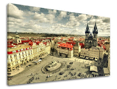 Pop art tablou pe pânză cu motivul ORAȘ PRAHA în alb-albastru nuanțe, potrivit pentru birou | Tablou de perete ORAȘ PRAHA – principală