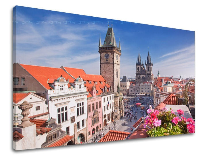 Clasic tablou cu motivul ORAȘ PRAHA, Praha în alb-albastru nuanțe | Tablou de perete ORAȘ PRAHA, viață urbană – previzualizare