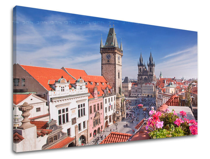 Clasic tablou pe pânză cu motivul ORAȘ PRAHA, Praha în alb-albastru nuanțe, atmosferă vibrantă, viață urbană, potrivit pentru birou | Tablou de perete ORAȘ PRAHA – principală