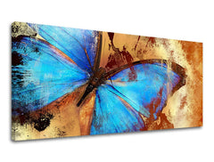 Pop art tablou pe pânză cu motivul PANORAMĂ ABSTRACT, fluture în maro-albastru nuanțe, atmosferă vibrantă, natură și frumusețe, potrivit pentru sufragerie | Tablou de perete PANORAMĂ ABSTRACT – principală