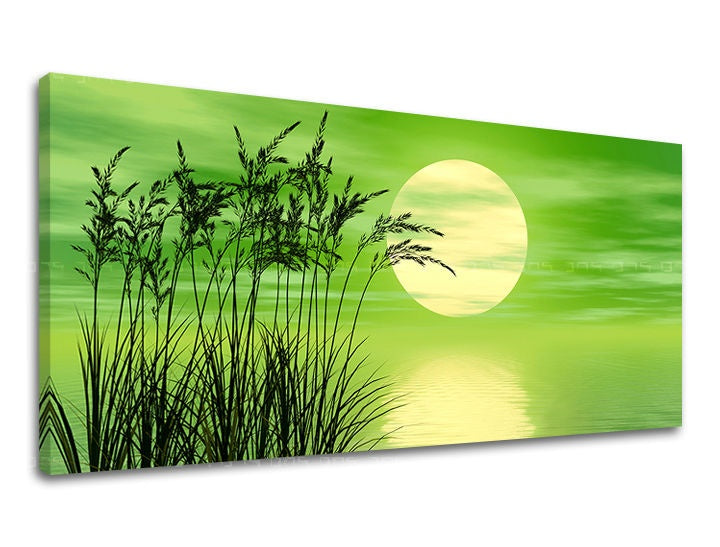 Clasic tablou pe pânză cu motivul PANORAMĂ ABSTRACT, soare, cer, peisaj, univers în verde-galben nuanțe, atmosferă liniștită, potrivit pentru sufragerie – principală