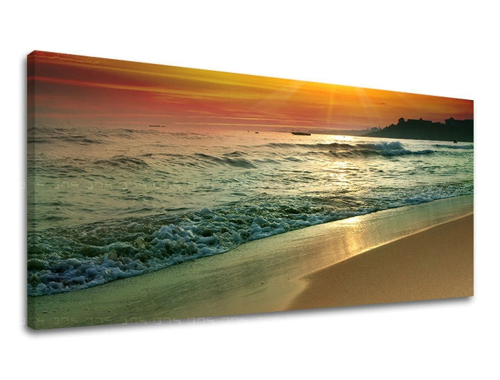 În stil boho tablou pe pânză cu motivul PANORAMĂ APUS DE SOARE, ocean, apus de soare, plajă, valuri în albastru-portocaliu nuanțe, atmosferă liniștită, potrivit pentru sufragerie – principală