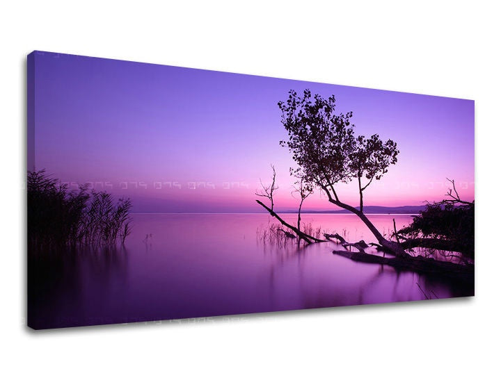 Clasic tablou pe pânză cu motivul PANORAMĂ APUS DE SOARE, natură, apus de soare în violet-albastru nuanțe, atmosferă liniștită, natură și singurătate – principală