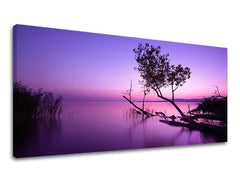 Clasic tablou pe pânză cu motivul PANORAMĂ APUS DE SOARE, natură, apus de soare în violet-albastru nuanțe, atmosferă liniștită, natură și singurătate – principală