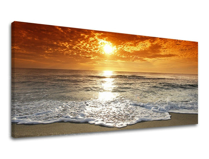 În stil boho tablou pe pânză cu motivul PANORAMĂ APUS DE SOARE, ocean, apus de soare, plajă, valuri în albastru-portocaliu nuanțe, atmosferă liniștită, potrivit pentru sufragerie – principală [XOBZS011E13]
