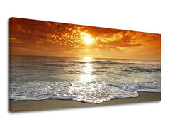În stil boho tablou pe pânză cu motivul PANORAMĂ APUS DE SOARE, ocean, apus de soare, plajă, valuri în albastru-portocaliu nuanțe, atmosferă liniștită, potrivit pentru sufragerie – principală [XOBZS011E13]