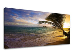 Clasic tablou pe pânză cu motivul PANORAMĂ APUS DE SOARE, palmier, ocean, valuri, apus de soare în violet-albastru nuanțe, atmosferă liniștită, potrivit pentru sufragerie – principală