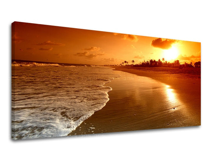 În stil boho tablou cu motivul PANORAMĂ APUS DE SOARE, ocean, plajă în portocaliu-auriu nuanțe | Tablou de perete PANORAMĂ APUS DE SOARE, natură – previzualizare