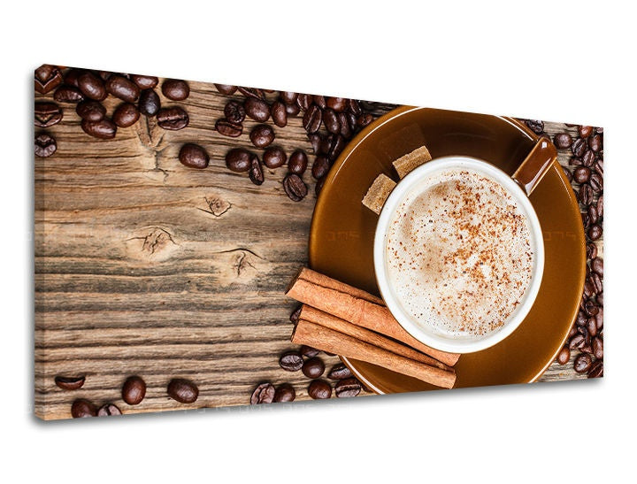 Rustic tablou pe pânză cu motivul PANORAMĂ BUCĂTĂRIE, ceașcă de cafea în maro-crem nuanțe, atmosferă confortabilă, potrivit pentru bucătărie | Tablou de perete PANORAMĂ BUCĂTĂRIE – principală
