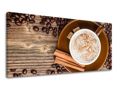 Rustic tablou pe pânză cu motivul PANORAMĂ BUCĂTĂRIE, ceașcă de cafea în maro-crem nuanțe, atmosferă confortabilă, potrivit pentru bucătărie | Tablou de perete PANORAMĂ BUCĂTĂRIE – principală