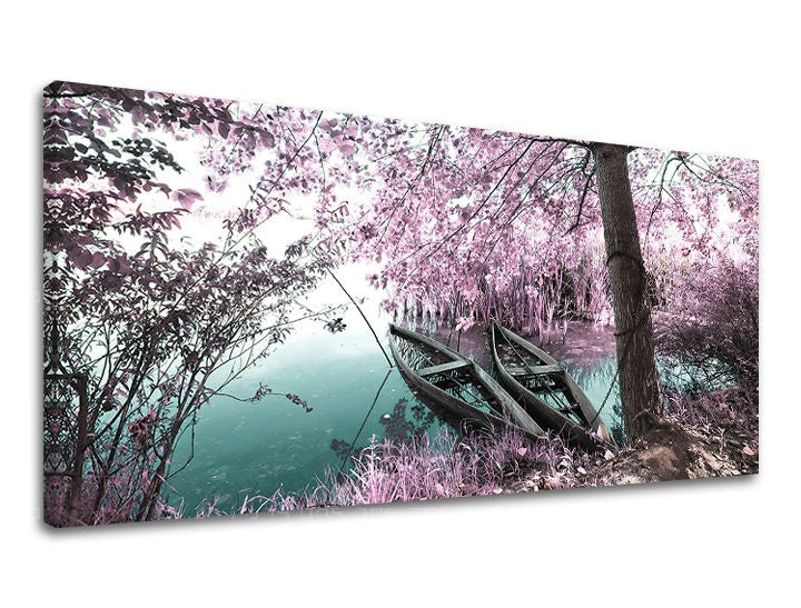 Clasic tablou cu motivul PANORAMĂ COPACI, copaci, hartă în roz-verde nuanțe | Tablou de perete PANORAMĂ COPACI, natură și singurătate – previzualizare
