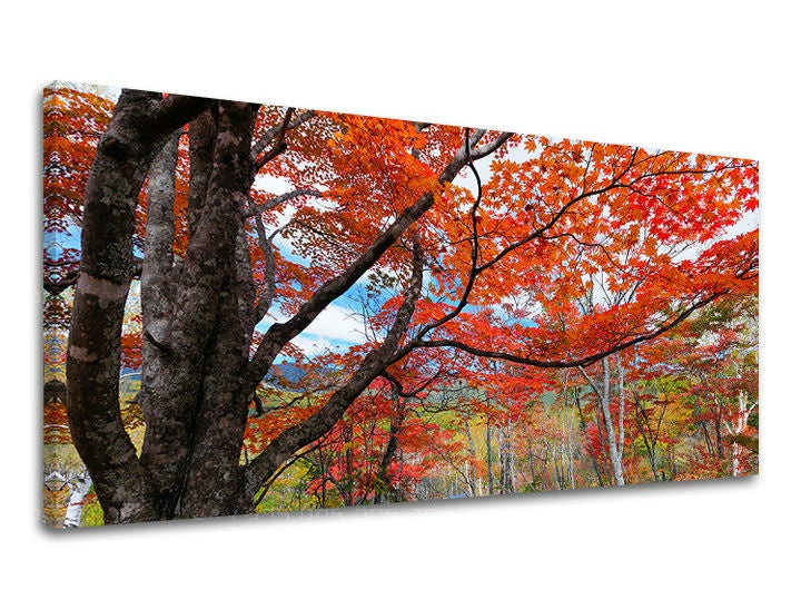 Clasic tablou pe pânză cu motivul PANORAMĂ COPACI, pădure, cer, peisaj, natură în maro-albastru nuanțe, atmosferă vibrantă, potrivit pentru hol – principală