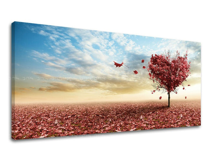Vintage tablou pe pânză cu motivul PANORAMĂ COPACI, copac, inimă, cer, frunze în bej-albastru nuanțe, atmosferă romantică, potrivit pentru dormitor – principală