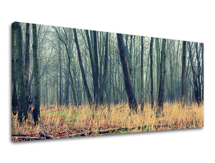Clasic tablou pe pânză cu motivul PANORAMĂ COPACI, copaci, pădure, ceață, peisaj în maro-gri nuanțe, atmosferă liniștită, natură și singurătate – principală