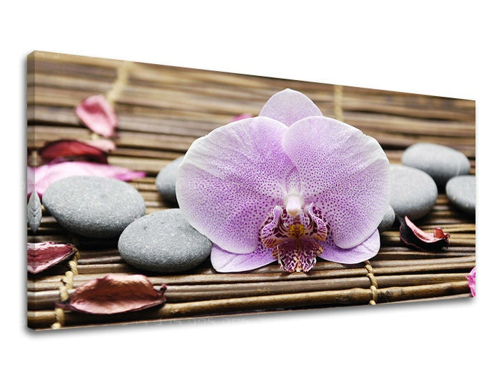 Clasic tablou pe pânză cu motivul PANORAMĂ FENG SHUI, orhidee, feng shui, peisaj, natură în gri nuanțe, atmosferă liniștită, potrivit pentru sufragerie – principală