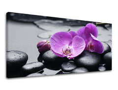 Clasic tablou pe pânză cu motivul PANORAMĂ FENG SHUI, orhidee, feng shui, peisaj, natură în gri nuanțe, atmosferă liniștită, potrivit pentru sufragerie – principală [XOBFS011E13]
