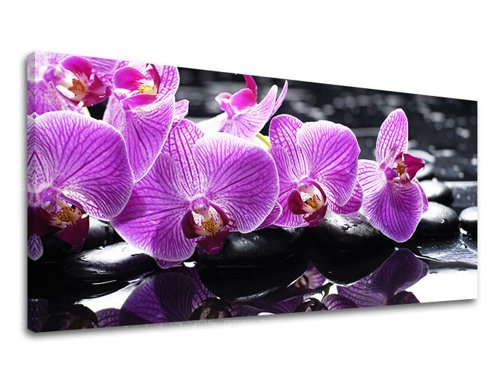 Pop art tablou pe pânză cu motivul PANORAMĂ FENG SHUI, feng shui, flori, natură în violet-negru nuanțe, atmosferă liniștită, potrivit pentru sufragerie – principală