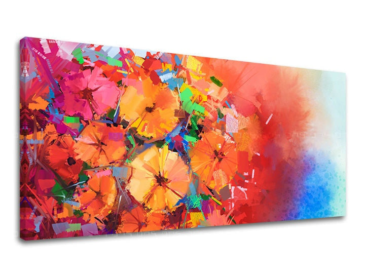 În stil scandinav tablou pe pânză cu motivul PANORAMĂ FLORI, flori, hartă în multicolor nuanțe, atmosferă energică, natură și celebrare – principală