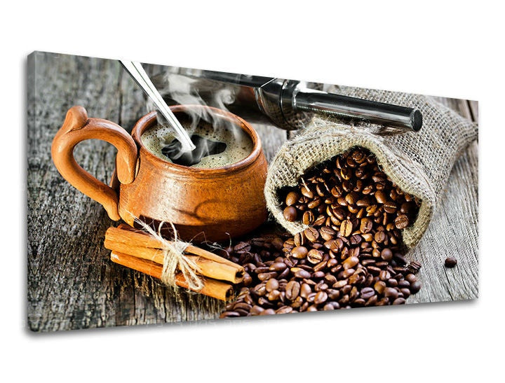 Clasic tablou pe pânză cu motivul PANORAMĂ BUCĂTĂRIE, ceașcă de cafea în maro nuanțe, atmosferă confortabilă, potrivit pentru bucătărie | Tablou de perete PANORAMĂ BUCĂTĂRIE – principală