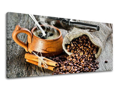 Clasic tablou pe pânză cu motivul PANORAMĂ BUCĂTĂRIE, ceașcă de cafea în maro nuanțe, atmosferă confortabilă, potrivit pentru bucătărie | Tablou de perete PANORAMĂ BUCĂTĂRIE – principală