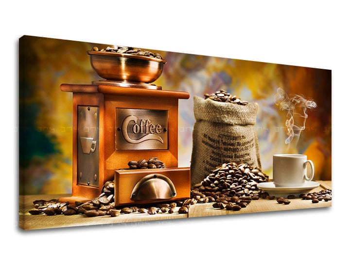 Clasic tablou cu motivul PANORAMĂ BUCĂTĂRIE, ceașcă de cafea în alb-maro nuanțe | Tablou de perete PANORAMĂ BUCĂTĂRIE – previzualizare
