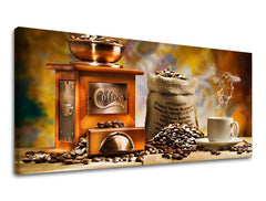Clasic tablou cu motivul PANORAMĂ BUCĂTĂRIE, ceașcă de cafea în alb-maro nuanțe | Tablou de perete PANORAMĂ BUCĂTĂRIE – previzualizare
