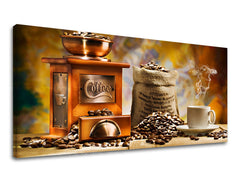 Clasic tablou pe pânză cu motivul PANORAMĂ BUCĂTĂRIE, ceașcă de cafea în alb-maro nuanțe, atmosferă confortabilă, potrivit pentru bucătărie | Tablou de perete PANORAMĂ BUCĂTĂRIE – principală