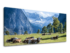 Rustic tablou cu motivul PANORAMĂ KRAJINA, munți, pajiște în alb-albastru nuanțe | Tablou de perete PANORAMĂ KRAJINA, natură – previzualizare