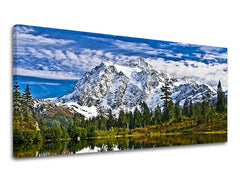 În stil boho tablou pe pânză cu motivul PANORAMĂ KRAJINA, lac, nori, peisaj, natură în alb-maro nuanțe, atmosferă liniștită, potrivit pentru sufragerie – principală